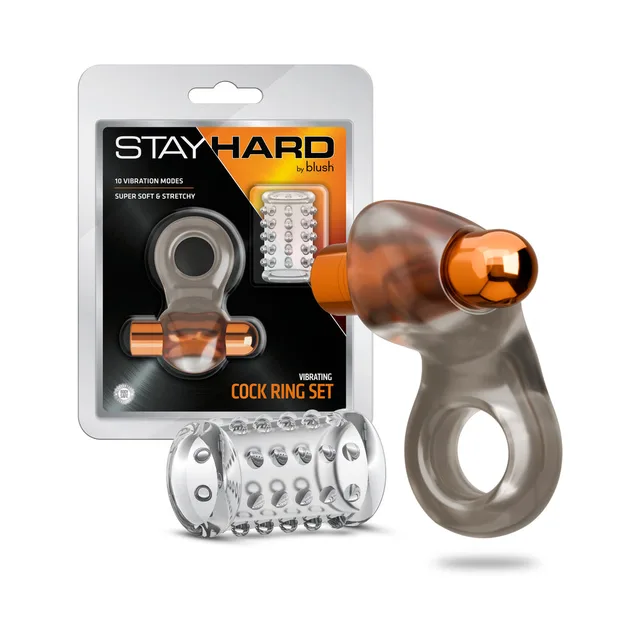 Blush Stay Hard vibrating ring set 2 with dome-top ring, studded sleeve and retail package
