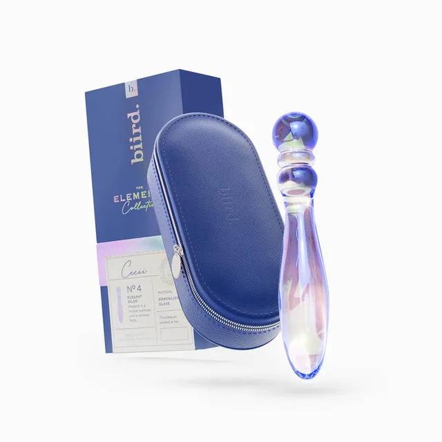 Biird Cecii glass dildo beside blue zippered case and retail box