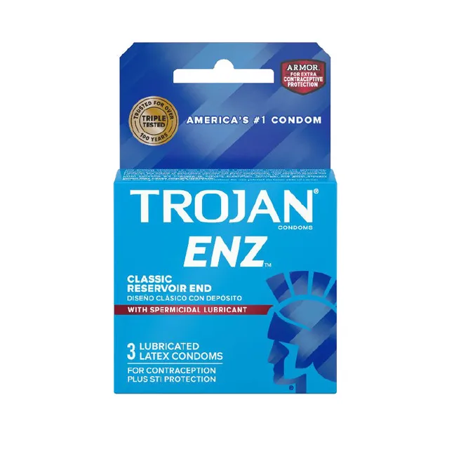 Trojan ENZ spermicidal lubricant condoms blue three-pack box