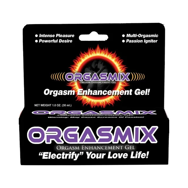 Orgasmix one-ounce gel in black retail display with purple lettering