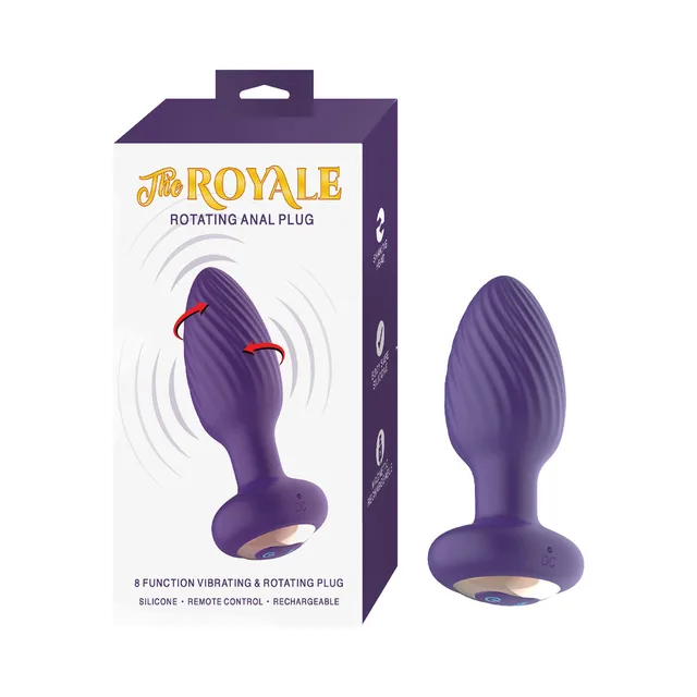 The Royale purple rotating ribbed plug beside retail box
