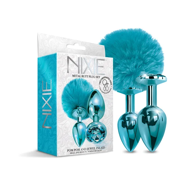 Metallic blue NIXIE pom pom and jewel plugs beside white box