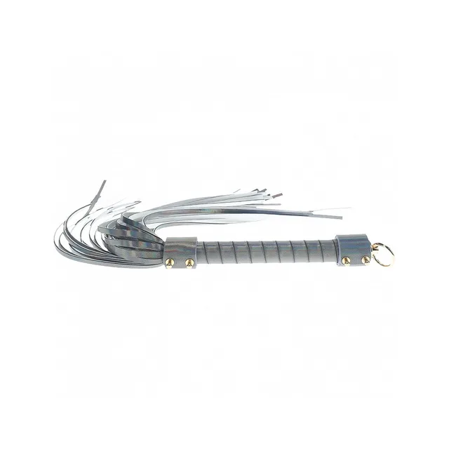 iridescent black Paris leather flogger with wrapped handle and metal ring