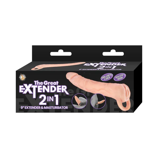 flesh-tone 9.5-inch Great Extender TPR sleeve with ball strap pictured on box