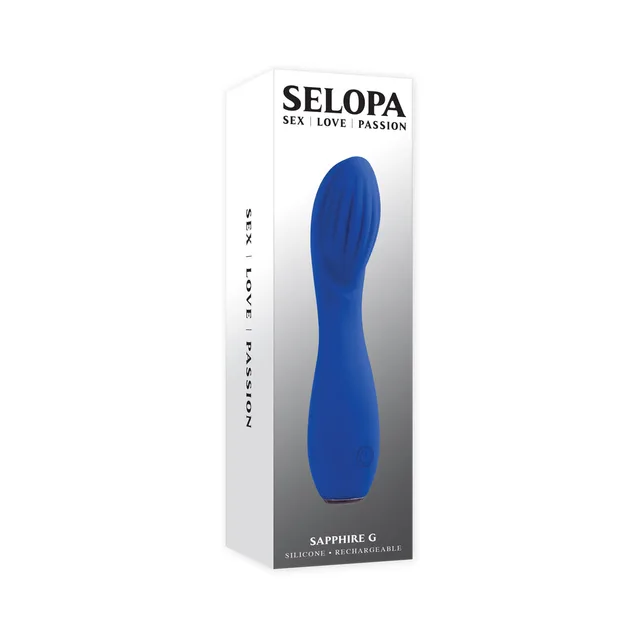 Selopa Sapphire G retail box with slim blue curved vibrator
