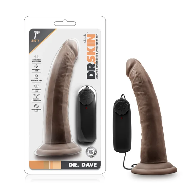 Blush Dr. Skin Dr. Dave dark-brown vibrator in clear Dr. Skin retail package beside black wired controller