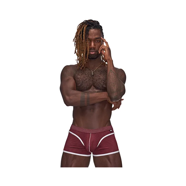 Close front view of burgundy and white Male Power Sport Mesh Mini Short