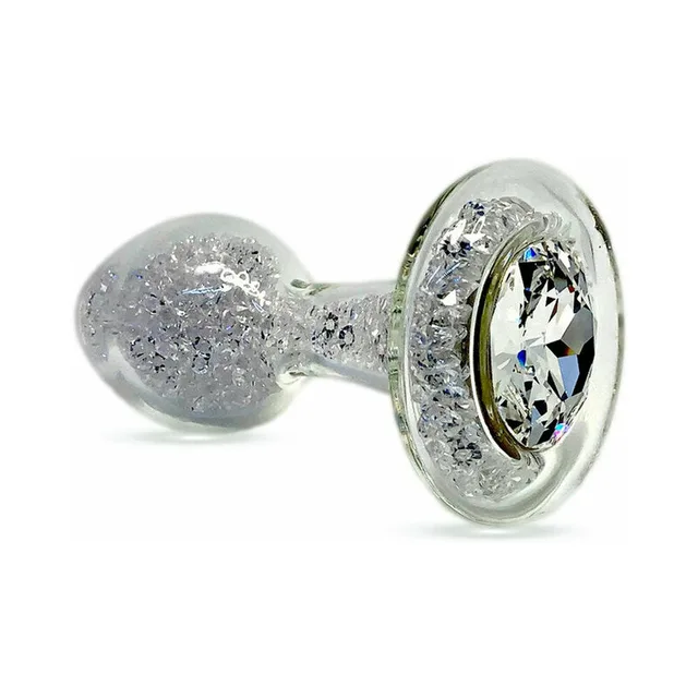 clear glass plug filled with silver sparkle and clear crystal base