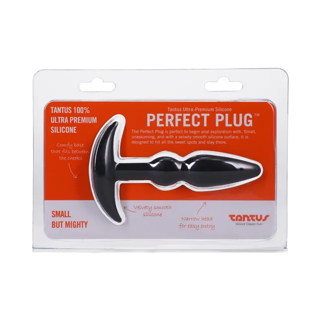 Tantus Perfect Plug Onyx displayed in clear and orange retail pack