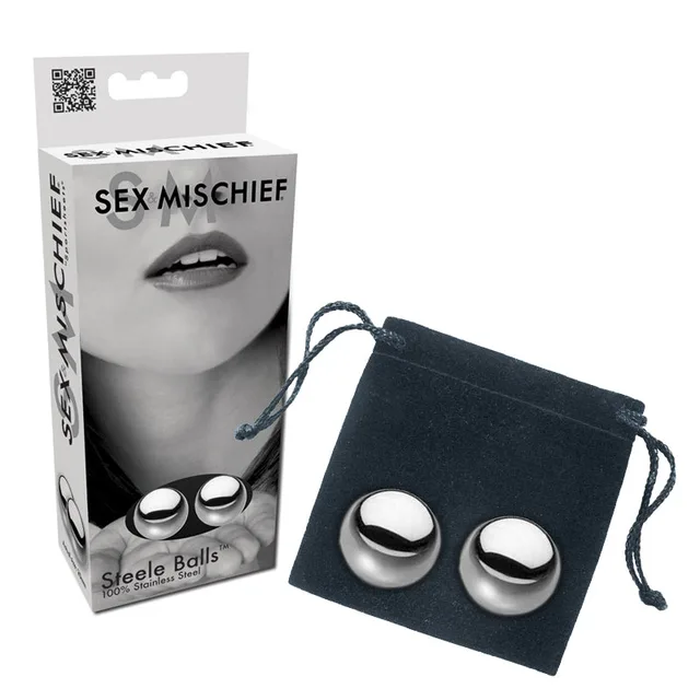 Sportsheets Steele Balls two steel spheres beside black pouch and retail box