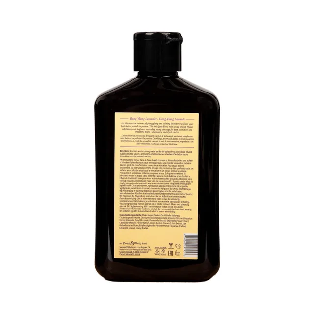 Back label of 8.4 oz ylang ylang lavender bubble bath bottle