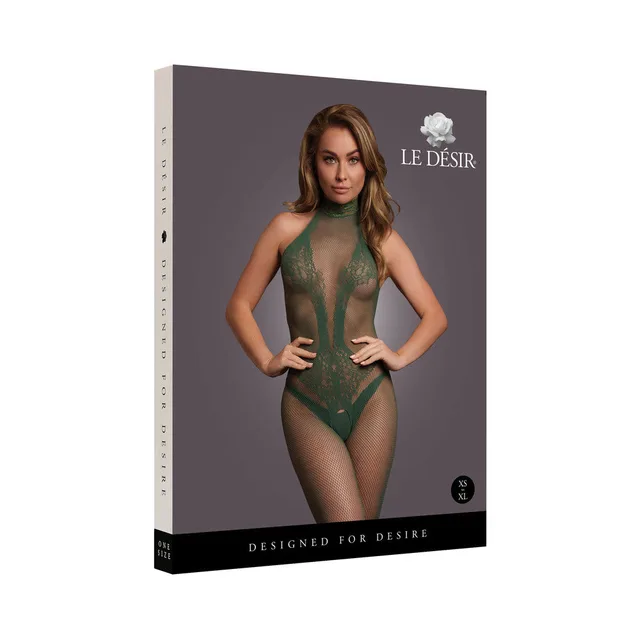 Le Desir package featuring model in midnight green lace fishnet bodystocking