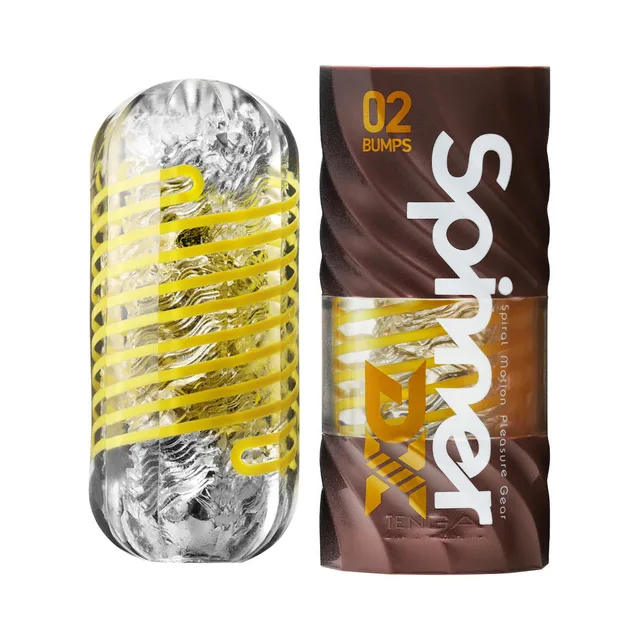 TENGA Spinner DX 02 Bumps clear sleeve with yellow spiral frame and retail wrap