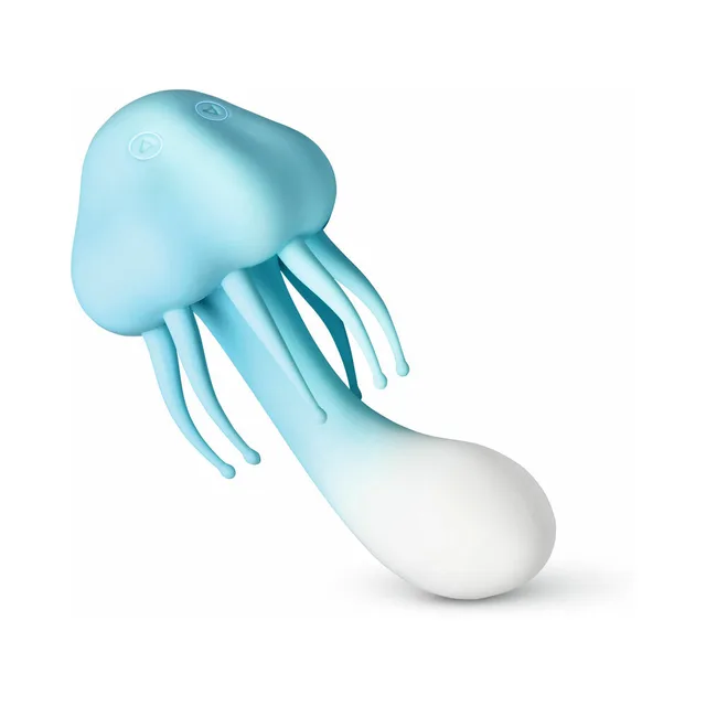 Creature Cuties Jellyfish blue-and-white vibrator upright view with curved white wand