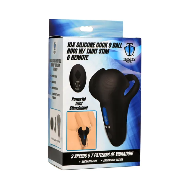 black Trinity Men 10X silicone cock and ball ring with remote on blue box