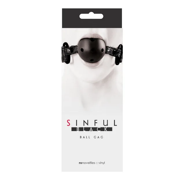 Sinful Black Vinyl Ball Gag black retail card with model wearing gag