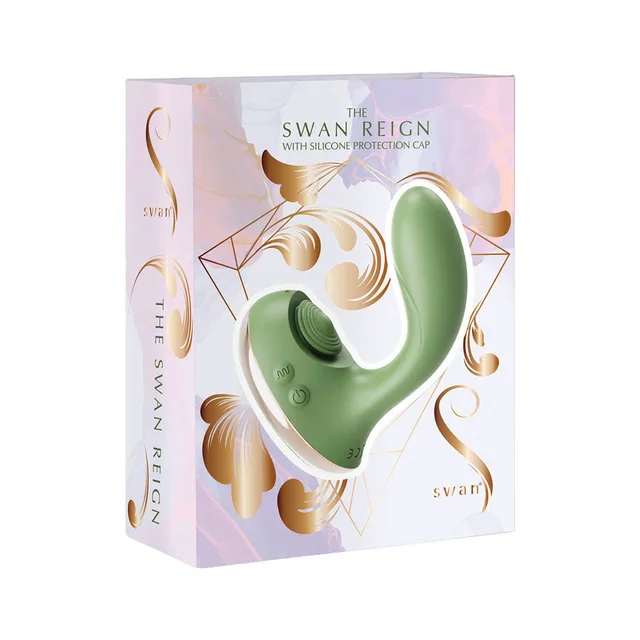 BMS Swan Reign green dual stimulator inside an iridescent white and gold retail box