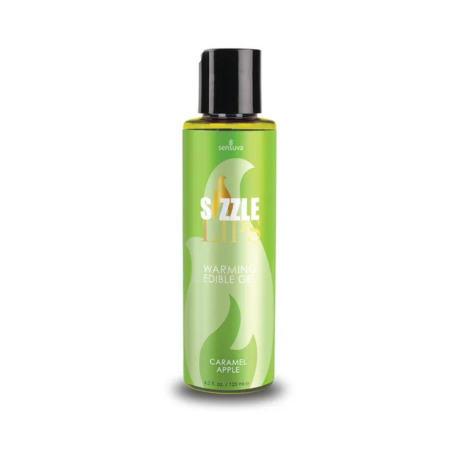 Sensuva Sizzle Lips Caramel Apple Gel green bottle with black cap and lime label