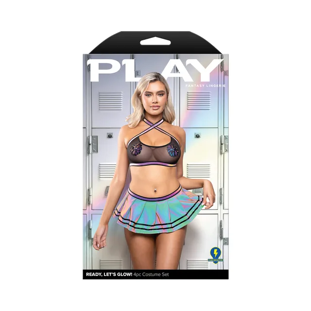 Model wearing L/XL Ready Let's Glow mesh top and multicolor skirt on box