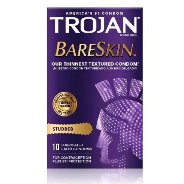 Trojan Studded Bareskin Condoms tall purple ten-count condom box front