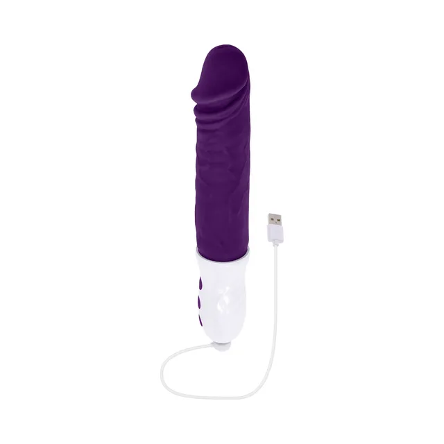 purple Evolved Plum Thrust vibrator with white handle and USB cable