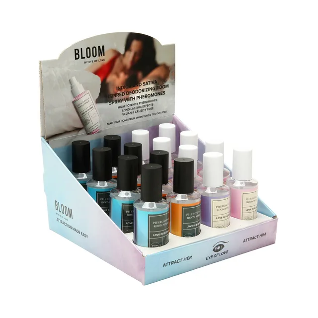 angled Bloom cardboard display filled with blue, orange, purple and pink spray bottles