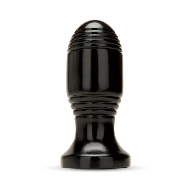 Upright view of black Prowler RED ribbed plug