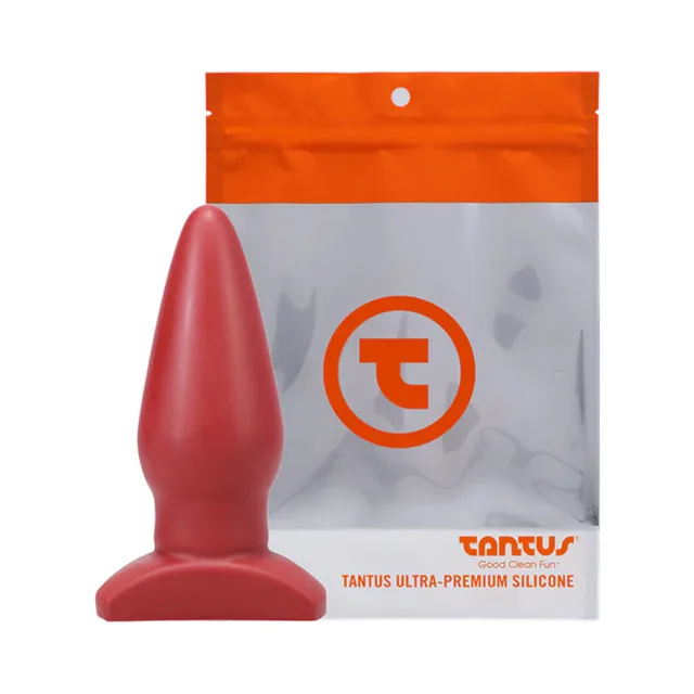 Crimson Tantus Ringo anal plug displayed in orange and clear bag