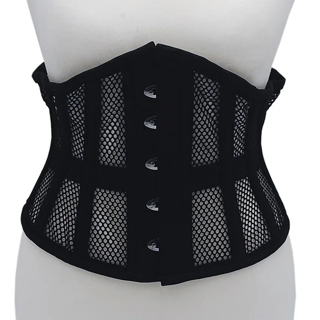 Front view of 3XL/4XL black Rouge mesh corset on white mannequin