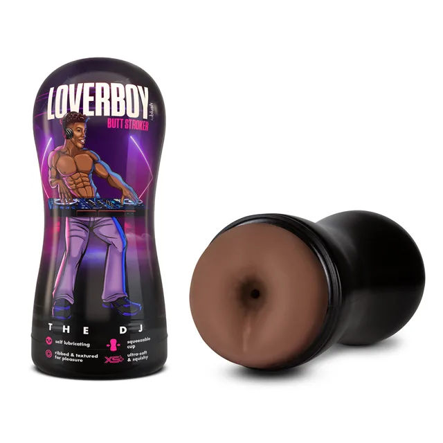 Blush Loverboy The DJ brown TPE anal stroker black container beside exposed sleeve opening