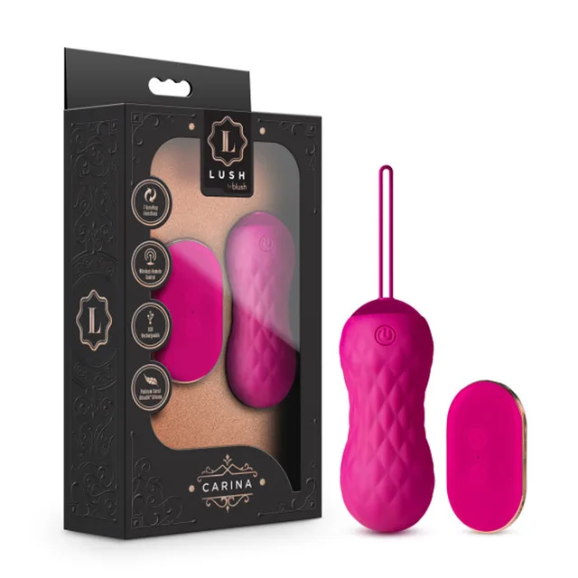 velvet-pink Lush Carina egg vibrator and oval remote beside black window box