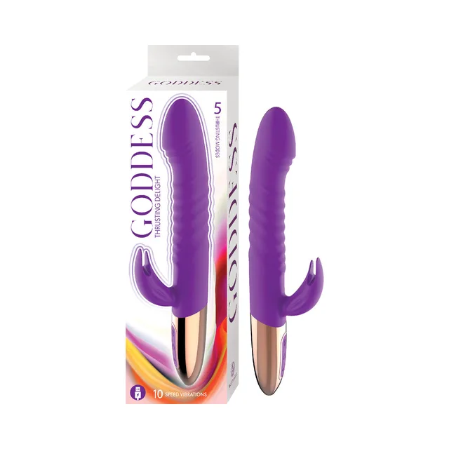 purple Goddess Thrusting Delight rabbit vibrator in clear-front package