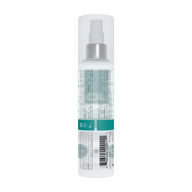 System JO Fresh & Clean 4 oz misting cleaner back of clear spray bottle with teal text columns and barcode