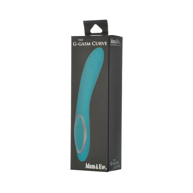 Adam & Eve G-Gasm Curve teal vibrator pictured inside black retail box