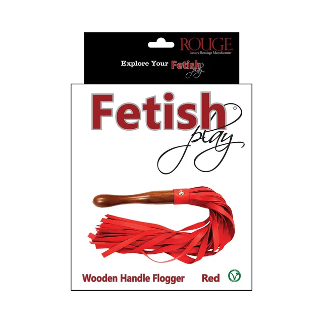 Red Rouge Fetish Play vegan-leather flogger with polished wooden handle