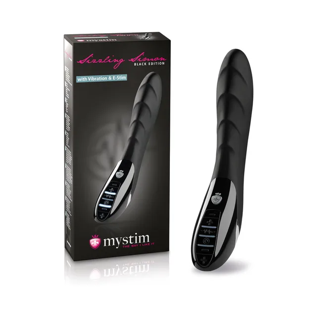 black Mystim Sizzling Simon vibrator with segmented shaft beside its retail box