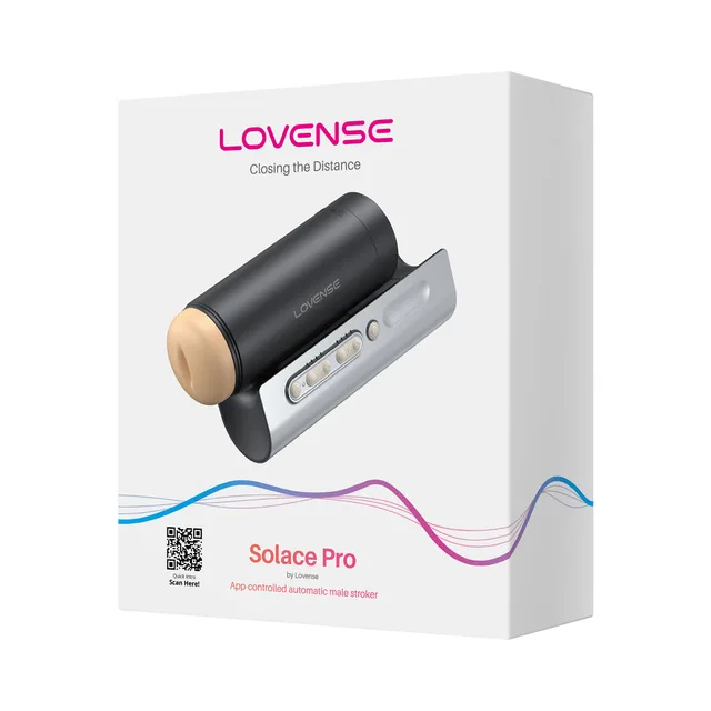 Lovense Solace Pro black thrusting masturbator mounted on silver adjustable rail and pictured on white branded retail box