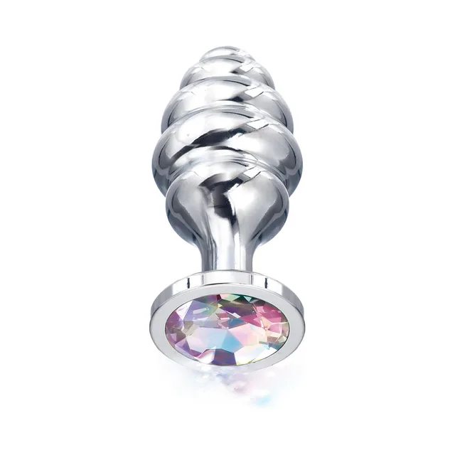close-up of large ribbed silver plug with rainbow jewel base