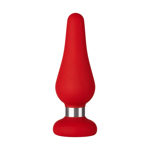 Front view of medium red F-21 plug with silver collar