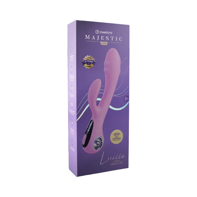 Camtoyz Lucile magenta USB-C rabbit vibrator beside tall purple retail box