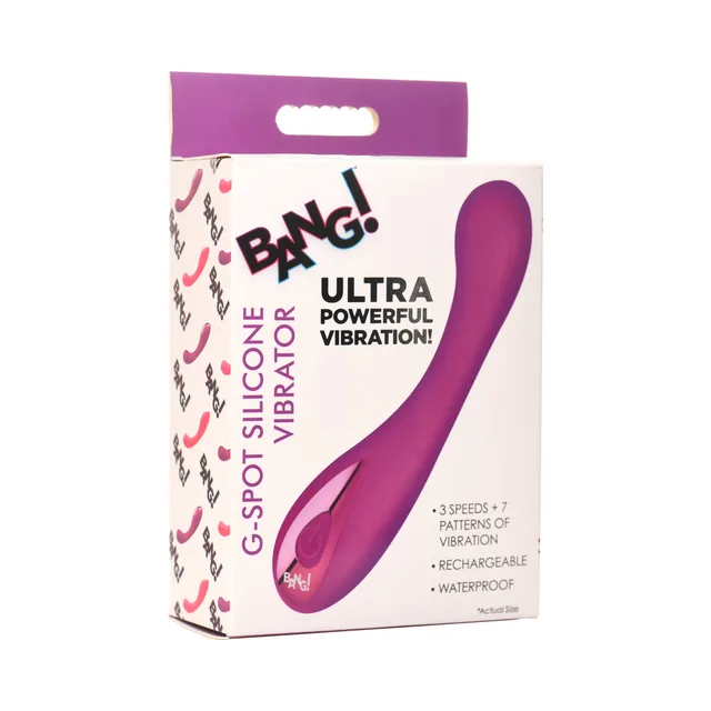 BANG purple silicone G-Spot vibrator pictured on white-and-purple retail box
