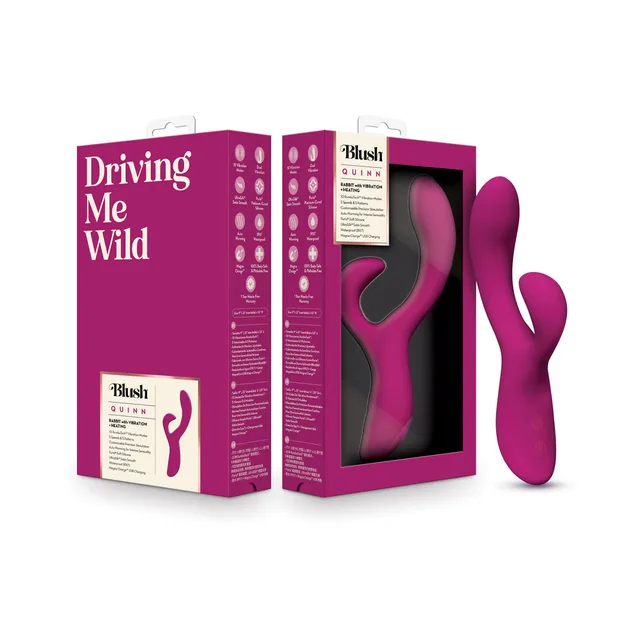 Burgundy Blush Quinn rabbit vibrator beside magenta Driving Me Wild box