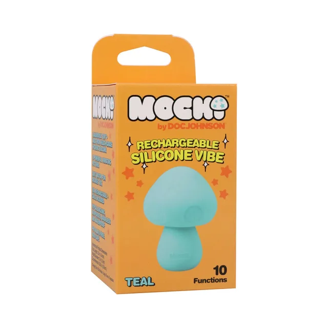 Mochi Mushroom teal vibrator in orange illustrated box