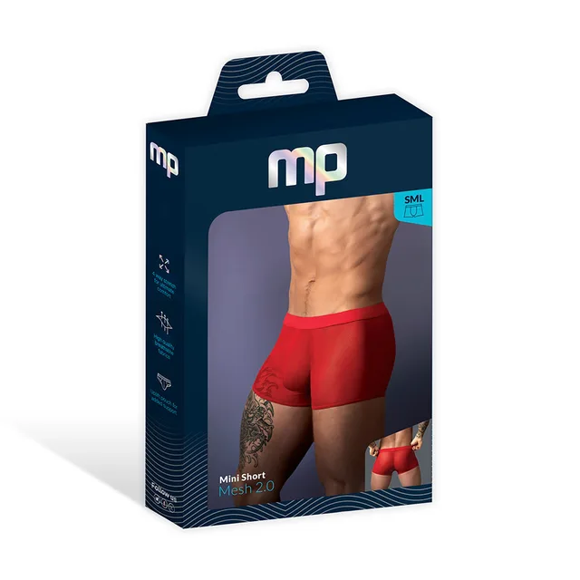 Male Power Mesh 2.0 Mini Short in red size XL displayed in a navy window retail box