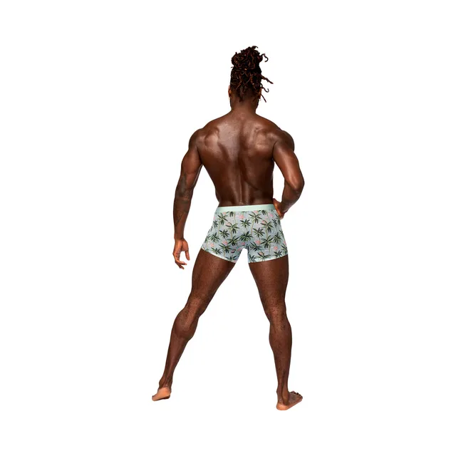 Rear view of teal seamless flamingo print short