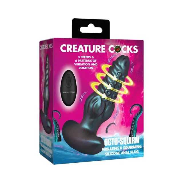 Creature Cocks Octo-Squirm teal vibrating plug in illustrated retail packaging