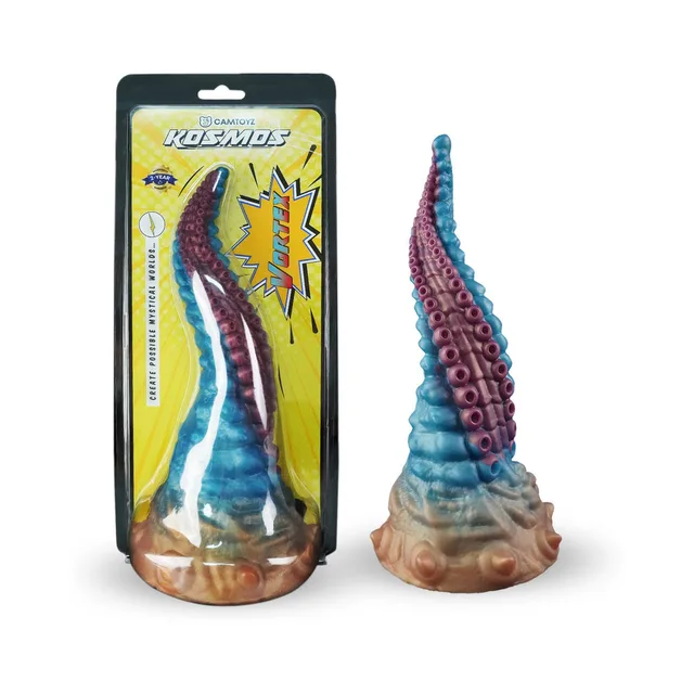 Camtoyz Vortex blue tentacle dildo beside bright yellow retail package