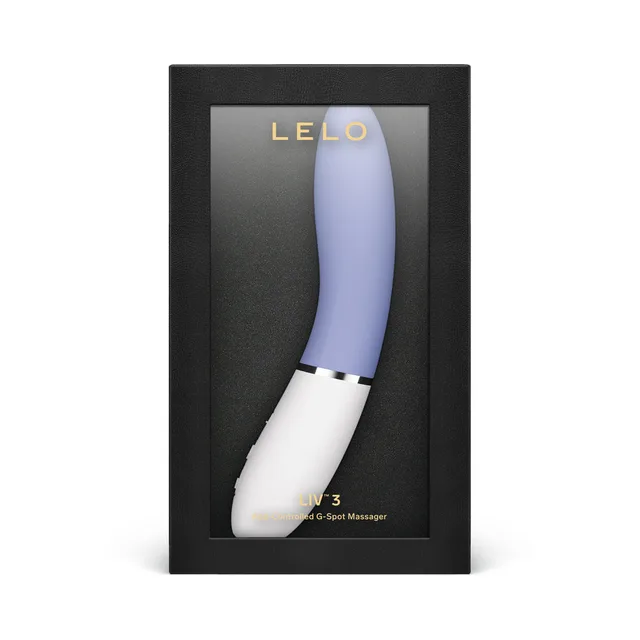 Powder-blue LELO LIV 3 displayed upright in black window box