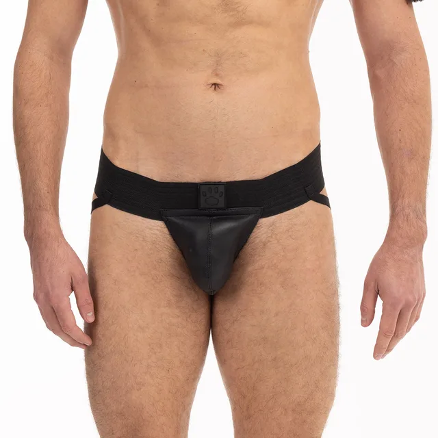 Front view of XL black Prowler RED leather pouch jock worn
