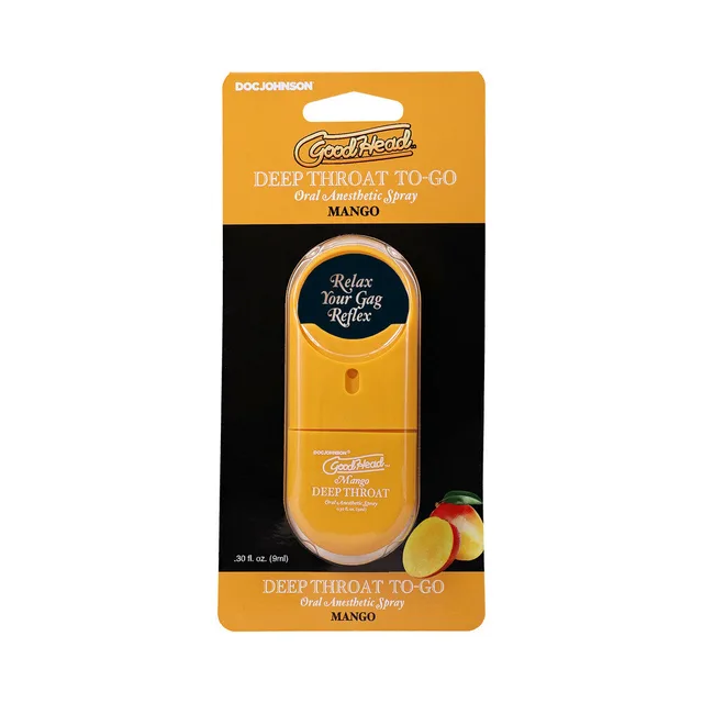 GoodHead Mango Deep Throat To-Go spray 0.3 oz orange pocket atomizer on mango blister card